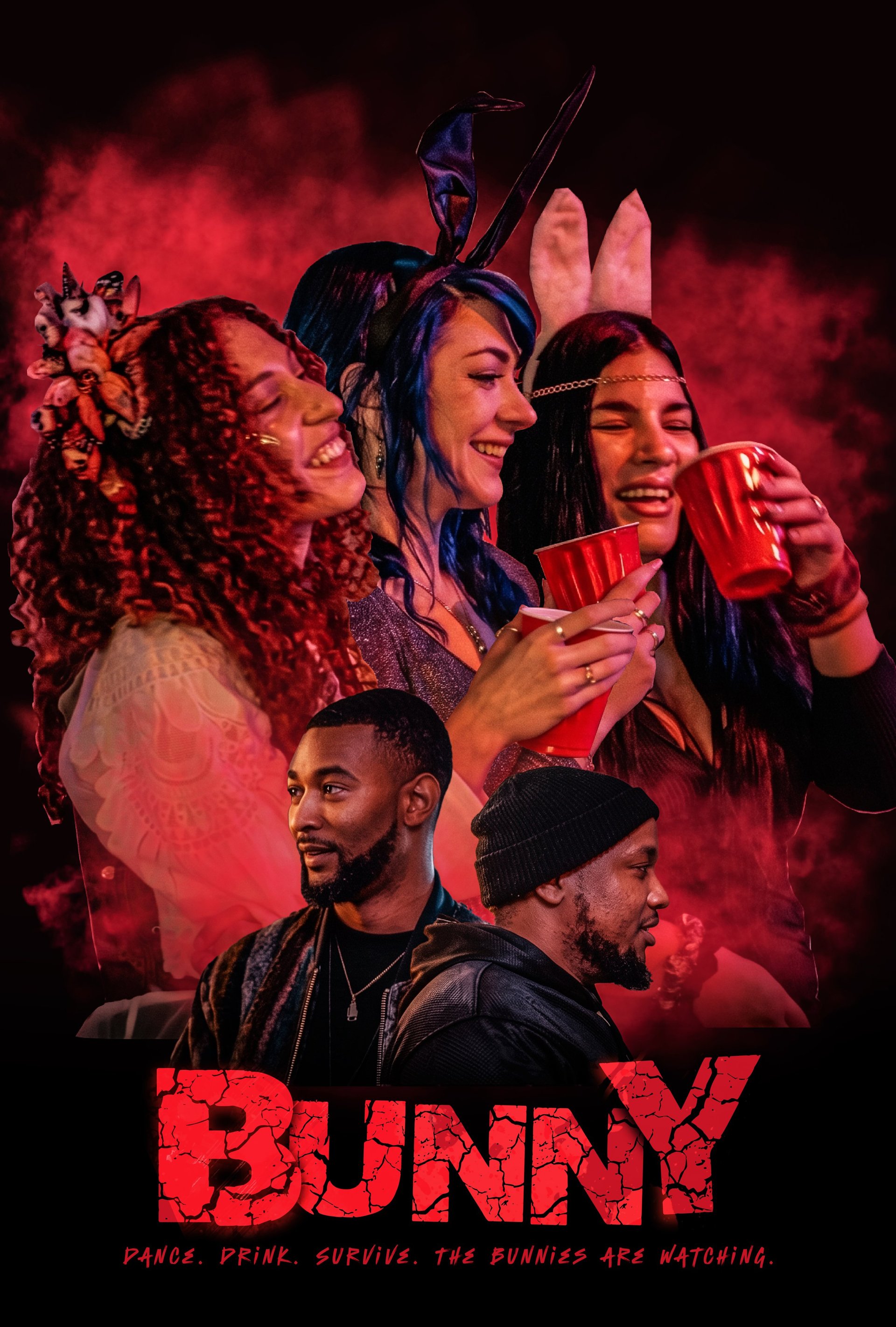 Movie poster for Bunny featuring five diverse people in festive attire against red smoky background with tagline Dance Drink Survive