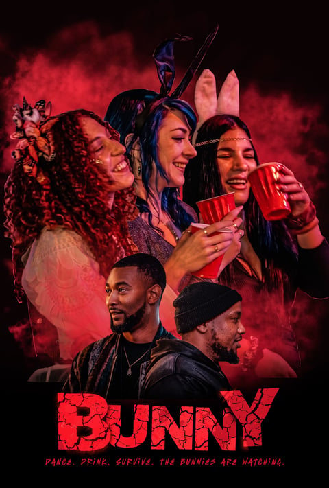Movie poster for Bunny featuring five diverse people in festive attire against red smoky background with tagline Dance Drink Survive