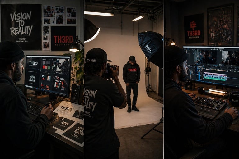 Behind-the-scenes film production set showing cinematographers and video equipment with Vision to Reality branding and professional lighting setup