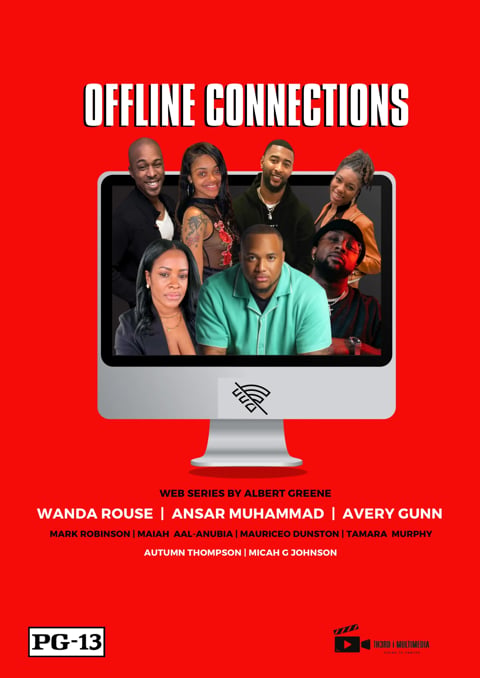 Offline Connections web series poster featuring six diverse cast members on a computer monitor against a red background